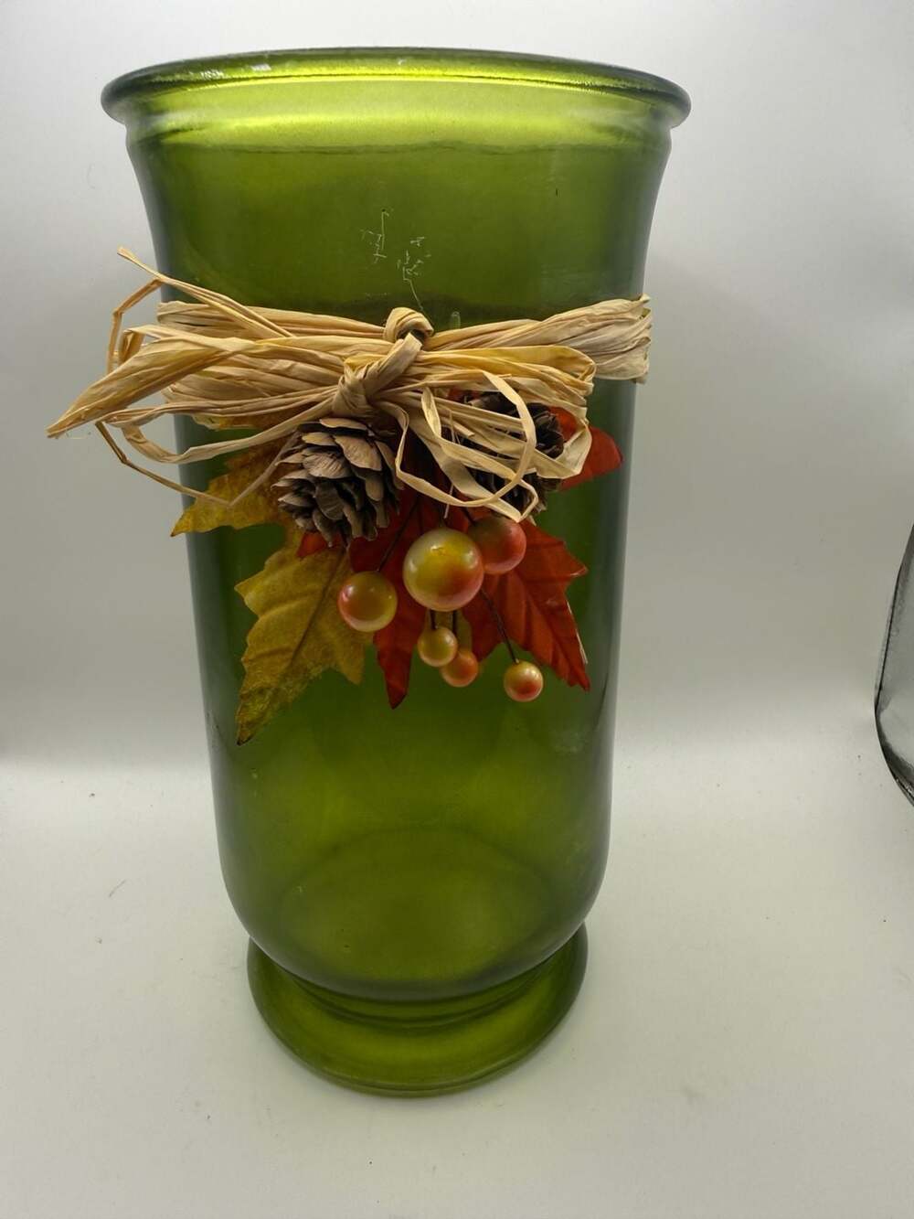 Green Glass Fall Harvest Pillar Candle Holder Vase with Pinecones and Leaves